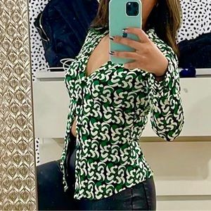 ZARA NWT Fitted Printed Blouse Black Green XS